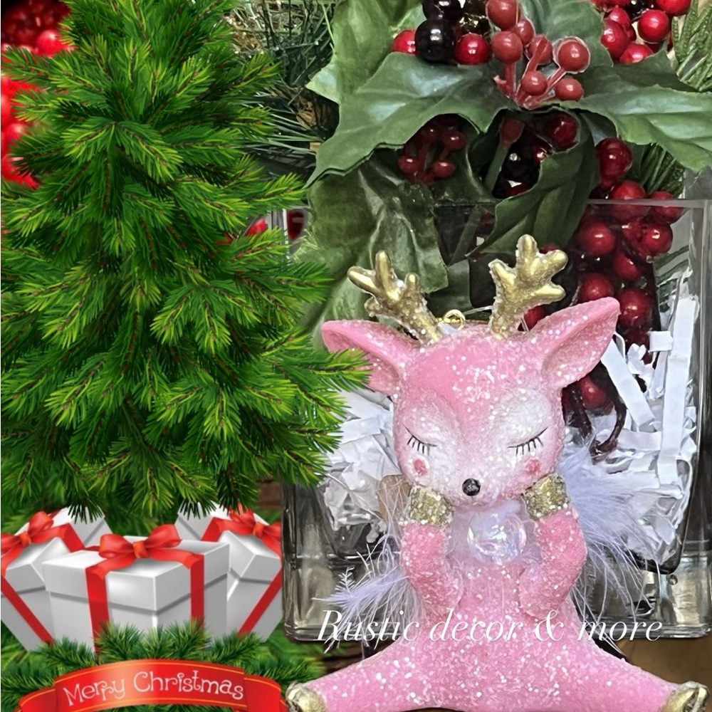 Retro Pink Sparkly Glittery Sitting Reindeer Christmas Tree Ornament NEW